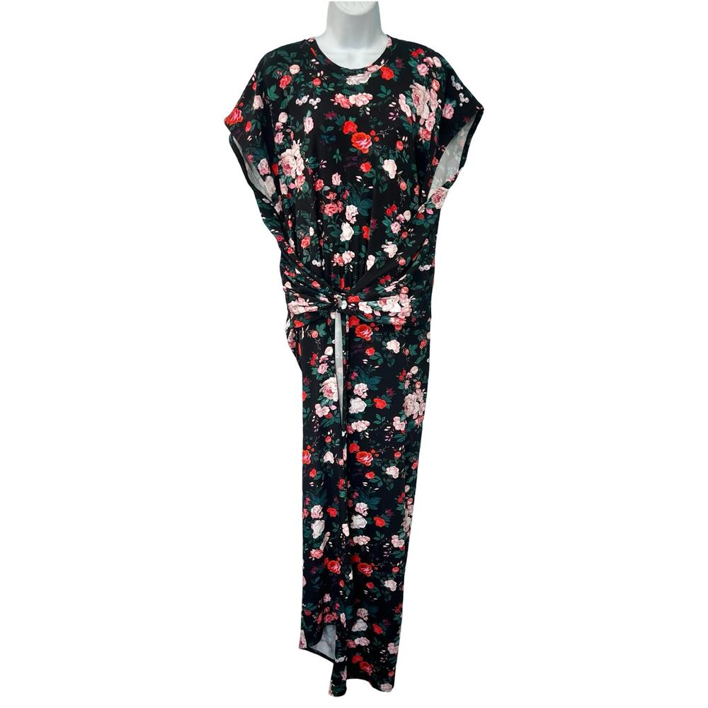 Paco Rabanne Black Pink Floral Cap Sleeve Belt Faux Wrap Midi Dress 44 / 12 NEW - Picture 3 of 14